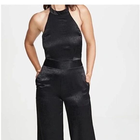 REVOLVE Misa Xandra Black Hammered Satin Wide Leg Halter Jumpsuit | Size L - Picture 2 of 8